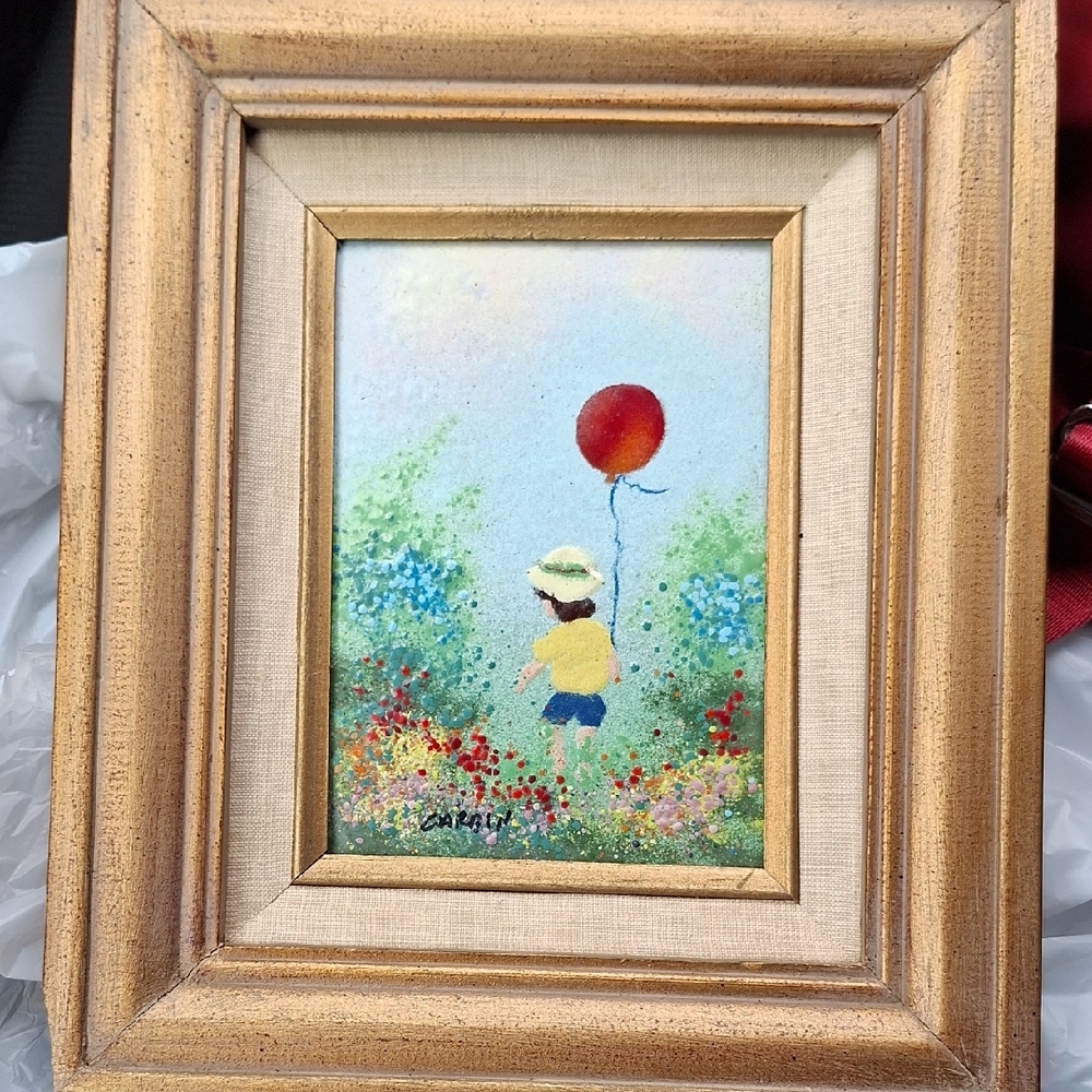 Vintage Louis Cardin Enamel on Copper Painting Child w/ Red Balloon